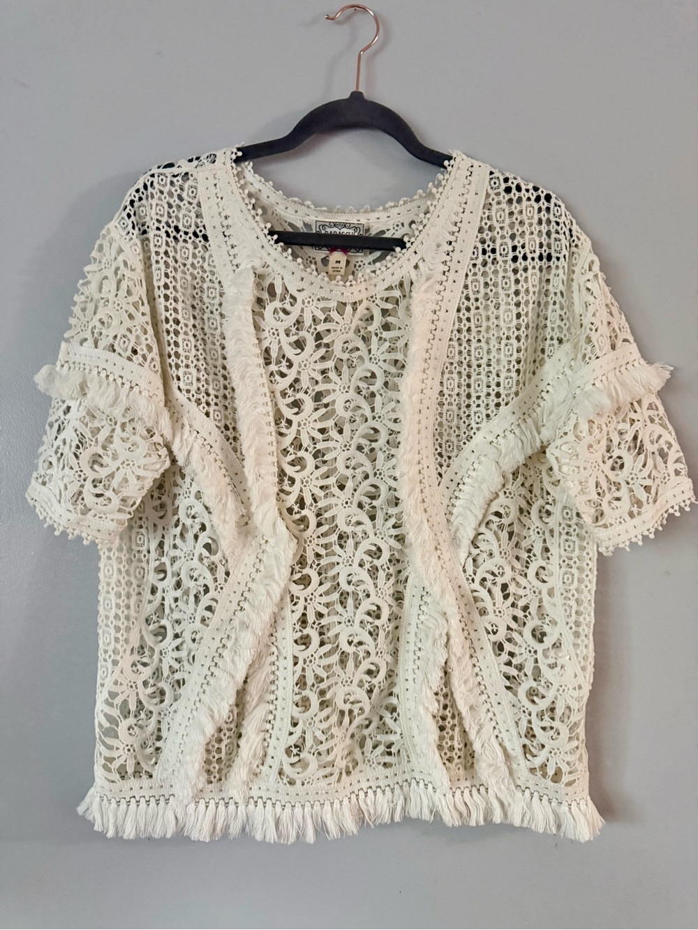 Anthropologie Yoana Baraschi White Crochet Fringe Lace Boho Top M